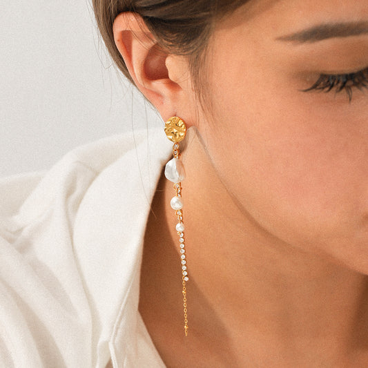 Stainless Steel Earrings with Zircon Chain, Imitation Pearl Tassel, Niche Design, Titanium Steel Earrings