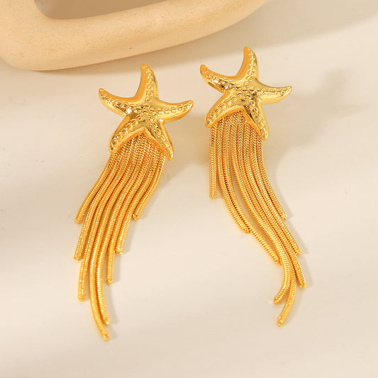 18k Gold Stainless Steel Starfish Earrings with Chain and Tassel, Fashionable and Versatile Titanium Steel Earrings