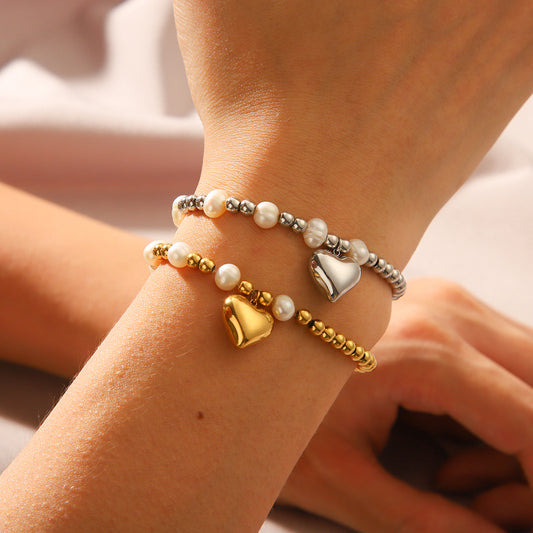 INS Beaded Titanium Steel Bracelet, 18K Gold Stainless Steel Heart-shaped Pearl Bracelet, Women's Light Luxury and Versatile Jewelry