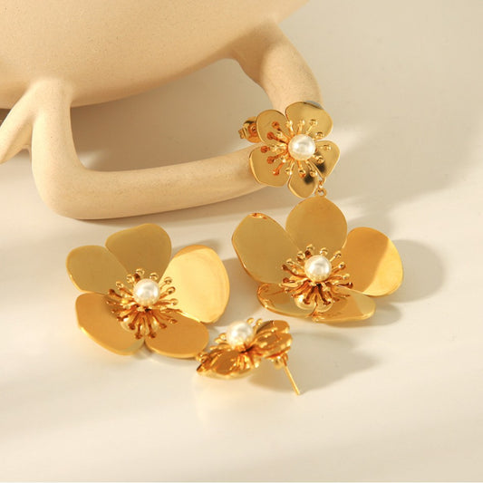 Fashionable Light Luxury Stainless Steel Exaggerated Flower Earrings French Petal Inlaid Pearl Earrings Female Design Sense
