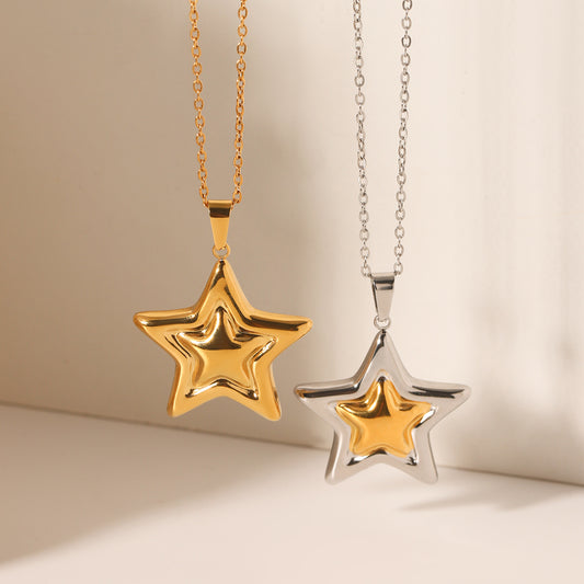 INS-style Gold and Silver Color-blocked Stainless Steel Five-pointed Star Pendant Necklace, High-end Star-shaped Titanium Steel Necklace