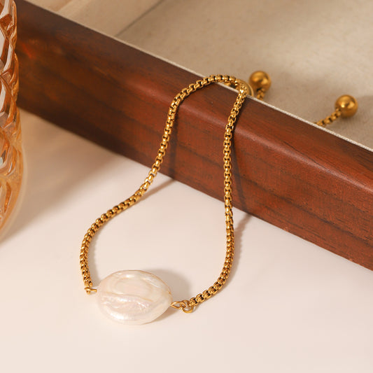 Freshwater Pearl Pendant Bracelet, Draw-style Stainless Steel Box Chain Bracelet, Titanium Steel, Non-fading, Elegant Jewelry
