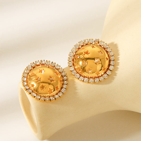 18K Gold Stainless Steel Round Star-shaped Hollow-out Diamond-encrusted Earrings with Niche Design for Women
