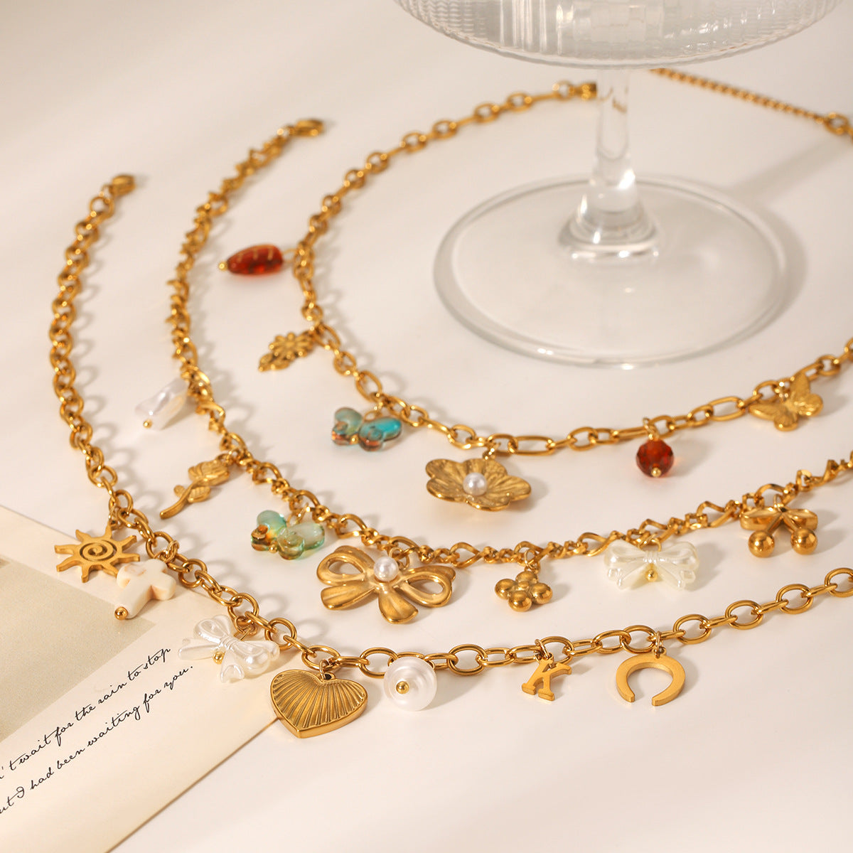 Floral Tassel Pendant Necklace with Bow, Heart, and Sun DIY Accessories - Lightweight Luxury Stainless Steel Necklace