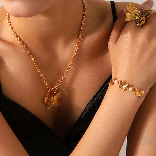 Stainless Steel  Buckle Butterfly Pendant Necklace Female Temperament Butterfly Pearl Bracelet Butterfly Ring