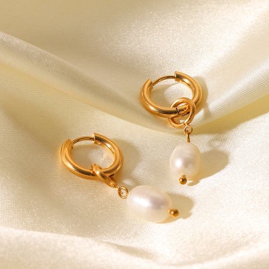 Titanium Steel Earrings with A Light Luxury Feel, Featuring Freshwater Pearls, Cross-border Stainless Steel Jewelry