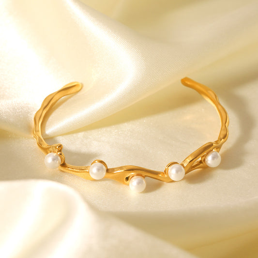 Stainless Steel Bracelet, Irregular Design, Elegant and High-end Feel, Pearl Opening Bracelet, Non-fading, Titanium Steel Jewelry