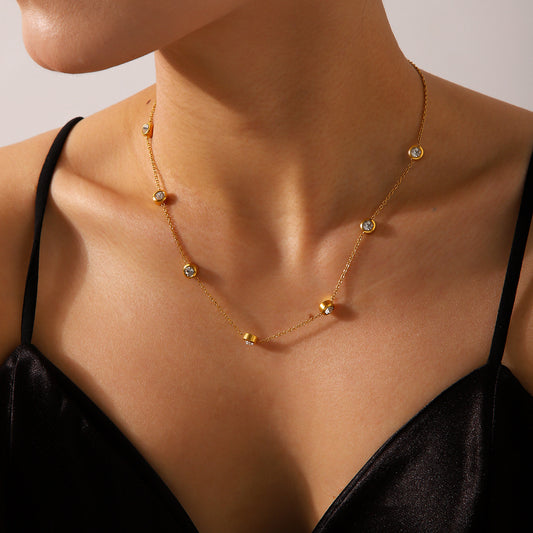 Fashionable, Personalized, Minimalist Round Zircon Necklace Made of Titanium Steel, Non-fading, 18K Gold Stainless Steel Necklace