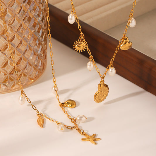 Beach Ocean Wind Stainless Steel Starfish Conch Shell Pendant Necklace Women's Pearl Necklace Design Sense Necklace