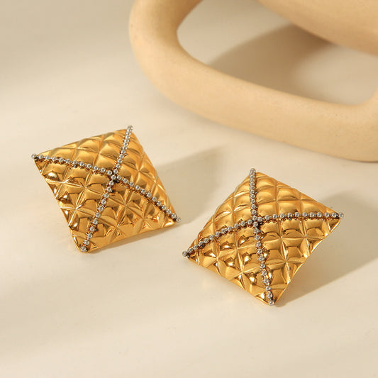 Earrings 18k Gold Stainless Steel Square Diamond Pattern Stud Design Cross Bead Titanium Steel Earrings