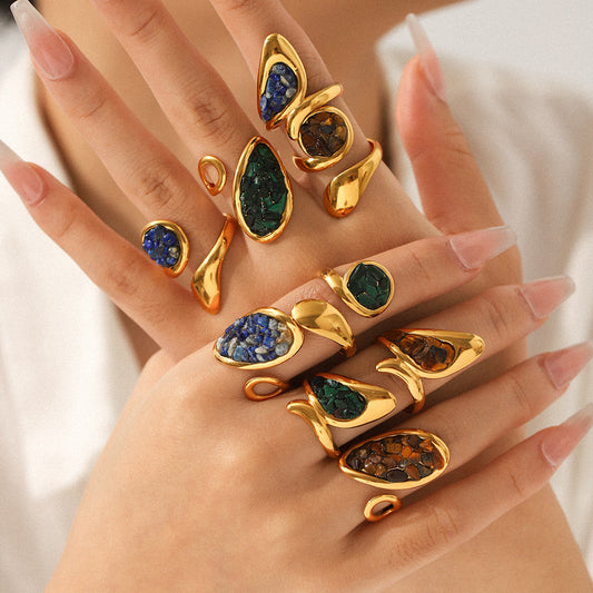 French vintage natural stone stainless steel ring for women, non-fading jewelry, versatile niche design, titanium steel open ring