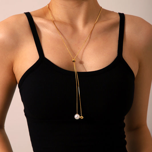 Stainless Steel Long Stretch Pearl Necklace, High-end Round Bead Snake Bone Design, Adjustable Sweater Chain for Women