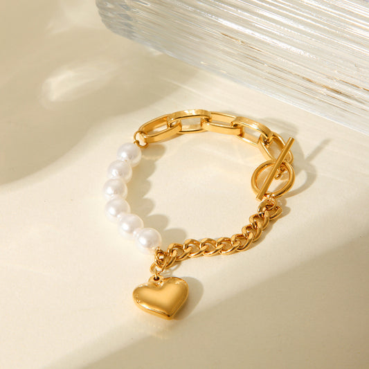Ins Style Fashionable High-end Pearl Bracelet Women's Stainless Steel Heart Pendant Splicing Chain Titanium Steel Jewelry