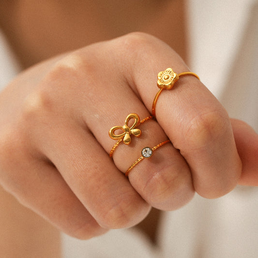 18K Gold-plated Stainless Steel Bowknot Flower-shaped Open Ring Set, Ins-style Zircon Ring for Women, Non-fading