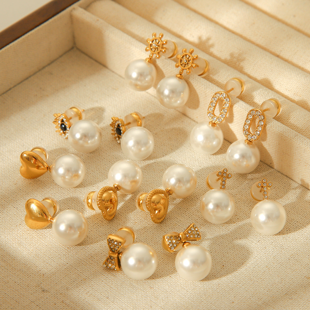 Retro Pearl Earrings Stainless Steel Bow Heart Diamond-Embedded Stud Earrings for Women Fashion Universal Earrings