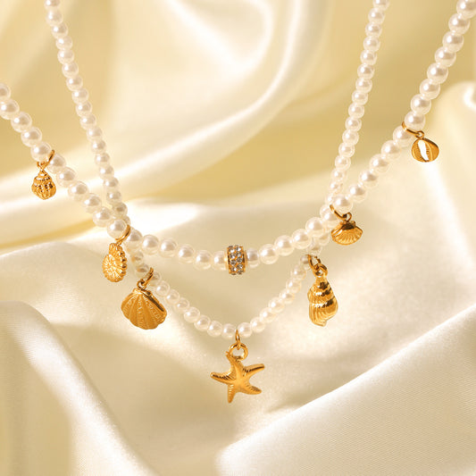 Stainless Steel Oceanic Elements Shell Starfish Pearl Necklace for Women, Niche Design, High-end Feel, Collar Chain Necklace Accessory