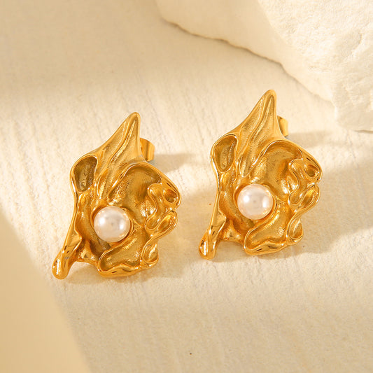 Personalized and Trendy 18k Gold Stainless Steel Earrings with Folded Lava Flower Earrings, Women's Fashionable Pearl Earrings