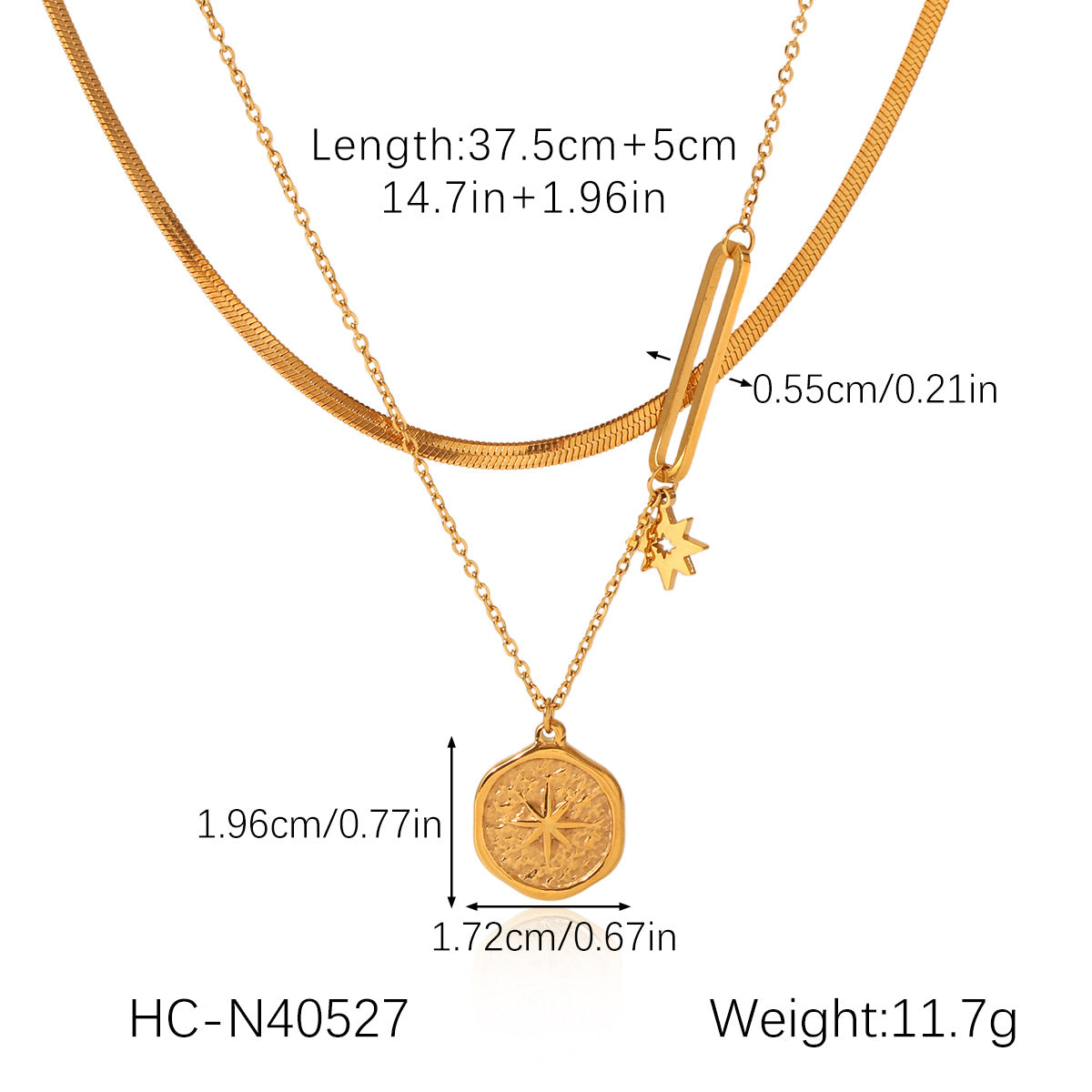 Double-layered Stainless Steel Necklace with Embossed Eight-pointed Star Pendant and Titanium Clavicle Chain