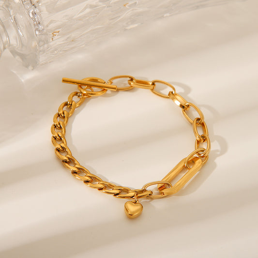 Stainless steel Cuban chain oval chain heart pendant  bracelet women's 18K gold titanium steel jewelry