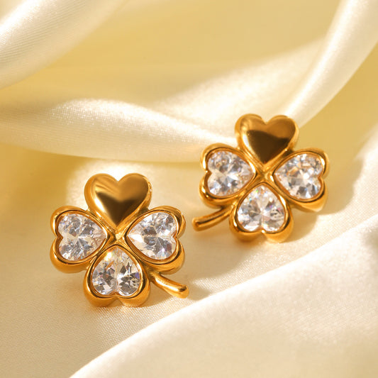 Cross-border  Stainless Steel Earrings, Design Style, Four-leaf Clover and Heart-shaped Zircon Earrings, High-end Earrings, Titanium Steel Jewelry