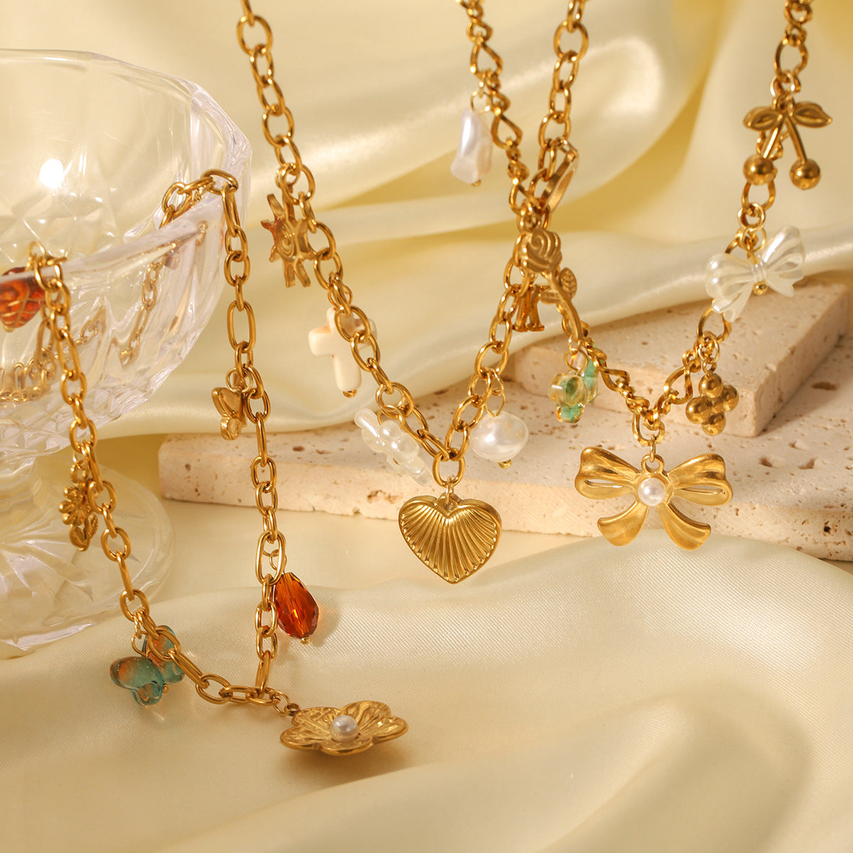 Floral Tassel Pendant Necklace with Bow, Heart, and Sun DIY Accessories - Lightweight Luxury Stainless Steel Necklace