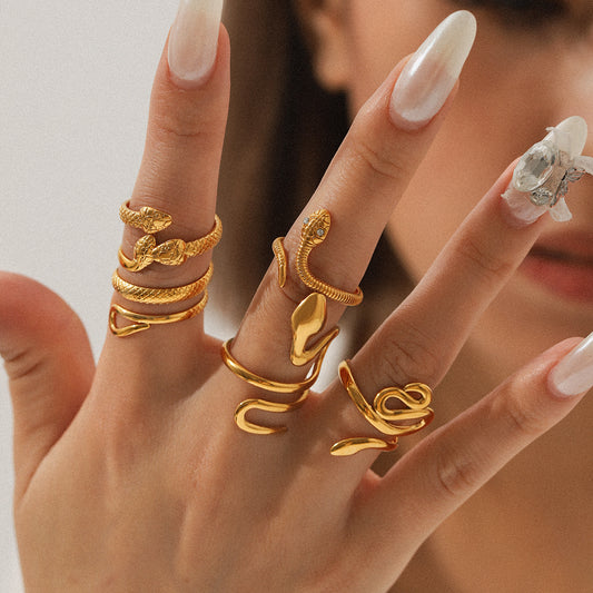 18K Gold Stainless Steel Snake Ring, Light Luxury Style, Titanium Steel, Flexible Snake-shaped Opening, Non-fading, Hand Jewelry