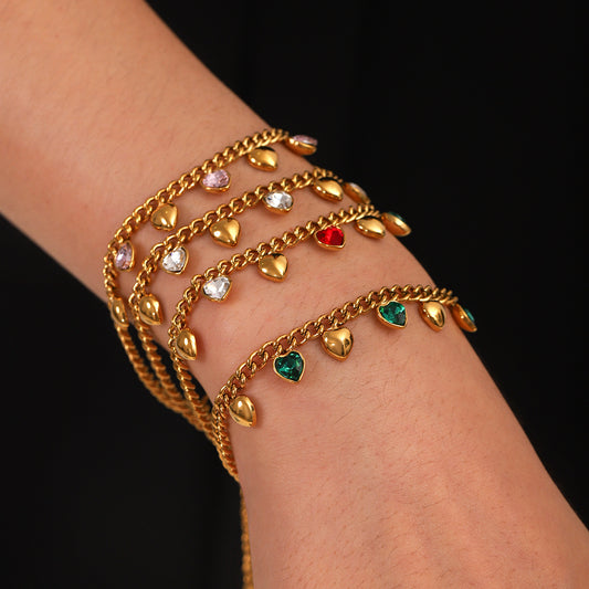 Classic Stainless Steel Cuban Chain Fringed Heart-shaped Zircon Inlaid Women's Fashionable High-end Jewelry