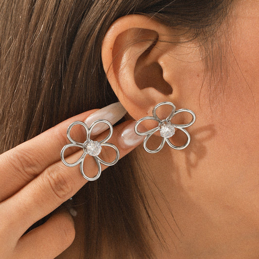Stainless Steel Hollow Flower Earrings with Zircon Earrings Design Sense Earrings Titanium Steel Jewelry
