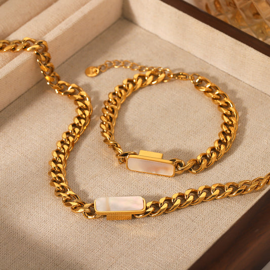 18K Gold Stainless Steel Cuban Chain Square White Shell Pendant Necklace Women's Titanium Steel Bracelet