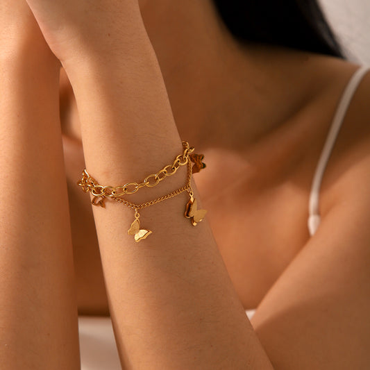 Fashion 18k Gold Stainless Steel Double-layer Layered Bracelet for Women, Non Fading Butterfly Pendant Titanium Steel Bracelet