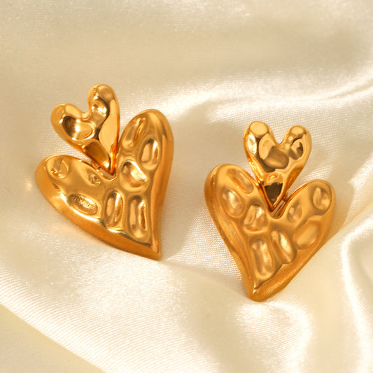 18K Gold Stainless Steel Hammered Pattern Heart-shaped Earrings, Light Luxury and High-end Feel, Heart-shaped Titanium Steel Earrings