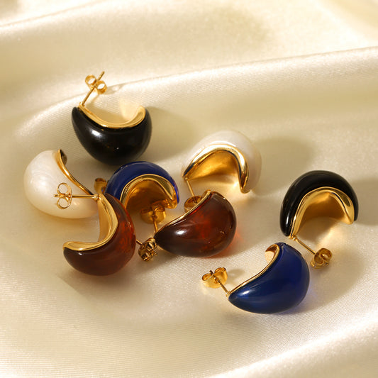 French Vintage Style Resin Drop-shaped Stainless Steel Earrings for Women, High-end Feeling, Non-fading, Titanium Steel Earrings