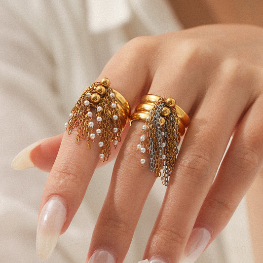 Titanium Steel Ring, 18K Gold Stainless Steel, Pearl Chain, Fringed, Open-ended, Women's Ring