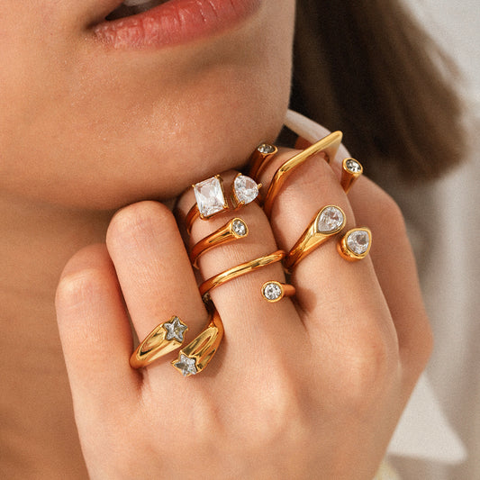 18K Gold Stainless Steel Open Ring with Zircon, Niche and High-end Female Titanium Steel Non-fading Finger Ring