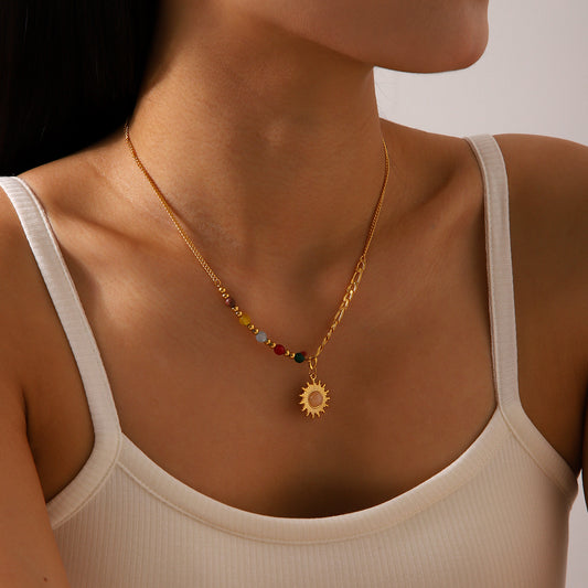 INS French Fashion Vintage 18K Gold Stainless Steel Sun Cat's Eye Stone Pendant Necklace Colorful Stone Titanium Steel Necklace