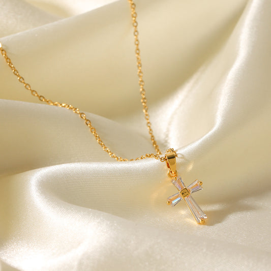 18K gold stainless steel cross studded zircon pendant necklace female non-fading jewelry ins titanium steel necklace