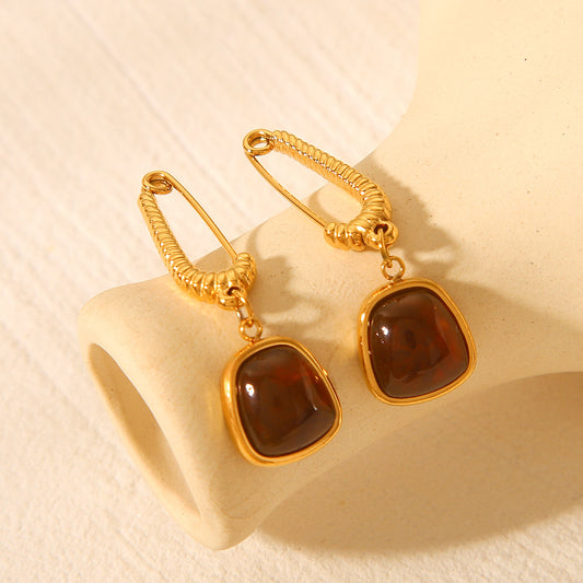 French Retro Style Natural Stone Earrings 18k Gold Stainless Steel Earrings for Women, Fashionable Temperament, High-end Feeling, Titanium Steel Earrings
