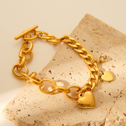 Fashionable Cuban Chain Oval Chain Zircon Heart Pendant OT Buckle Bracelet 18K Gold-plated Stainless Steel Bracelet