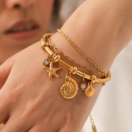 18K Gold-plated Stainless Steel Plain Bracelet, Starfish, Conch, Scallop DIY Accessories, Titanium Steel Bracelet  for Women