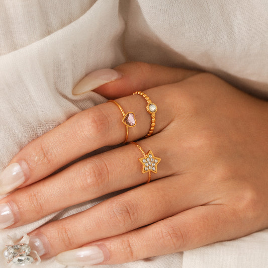 18k Gold Stainless Steel Heart Zircon Ring with Five-pointed Star Diamond-encrusted Open Ring