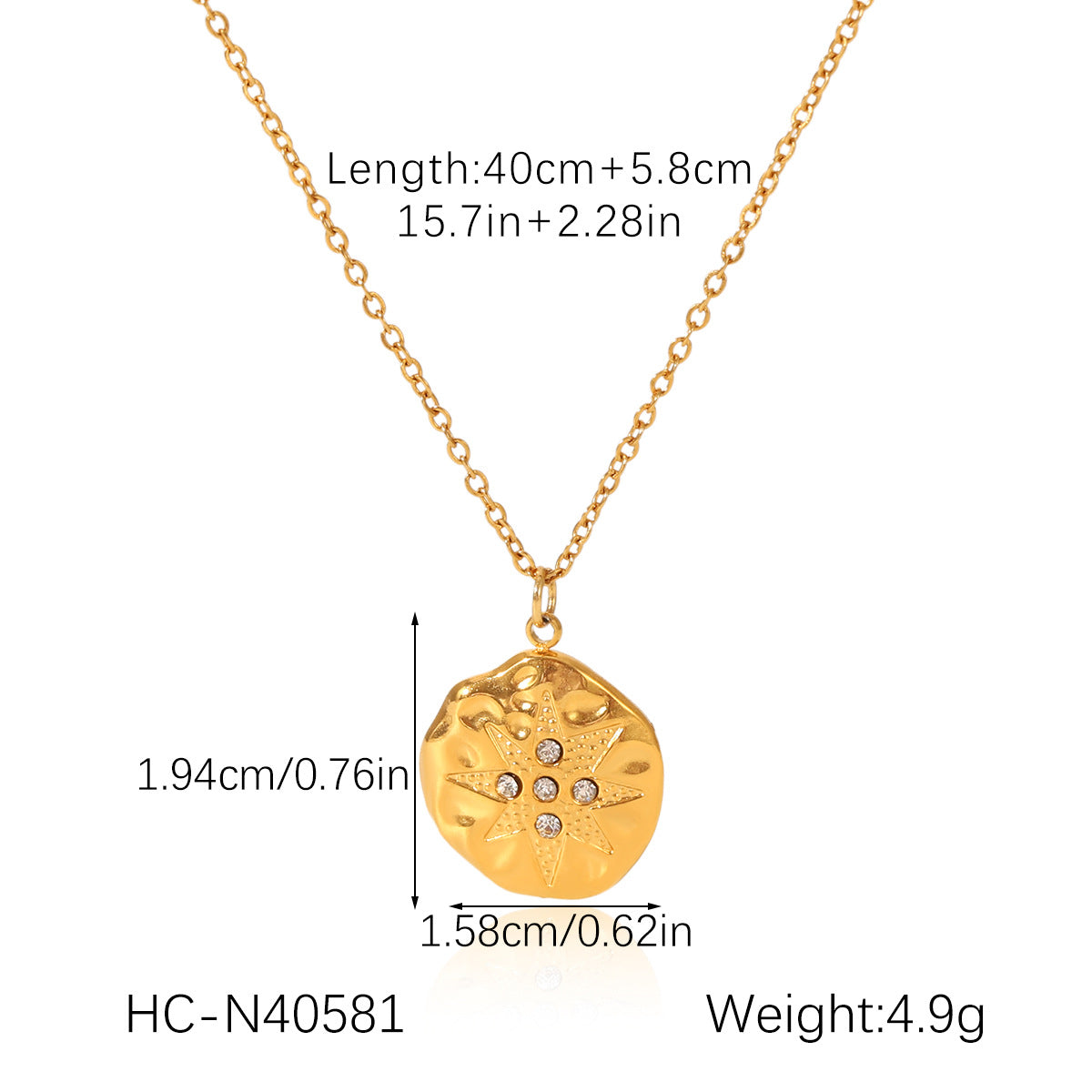 High-end Titanium Steel Necklace with 18K Gold Stainless Steel Hammered Texture Round Plate, Diamond-Encrusted Octagram Pendant Necklace