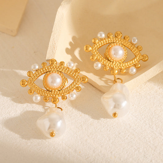 French Vintage Style Devil's Eye Pearl Earrings, 18k Gold Stainless Steel Earrings for Women, Light Luxury Temperament Titanium Steel Earrings