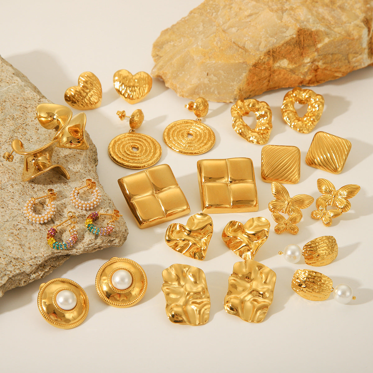 Ins Wind Punch Texture Titanium Steel Earrings 18K Gold Stainless Steel Geometric Love Butterfly Inlaid Diamond Earrings