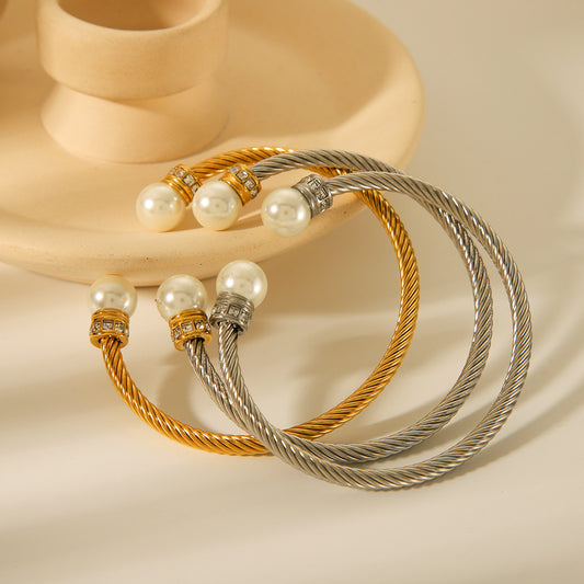 Stainless Steel Bracelet for Women, Fashionable and Versatile, Cable Style, Diamond-encrusted, Small Waist Design, Pearl Jewelry