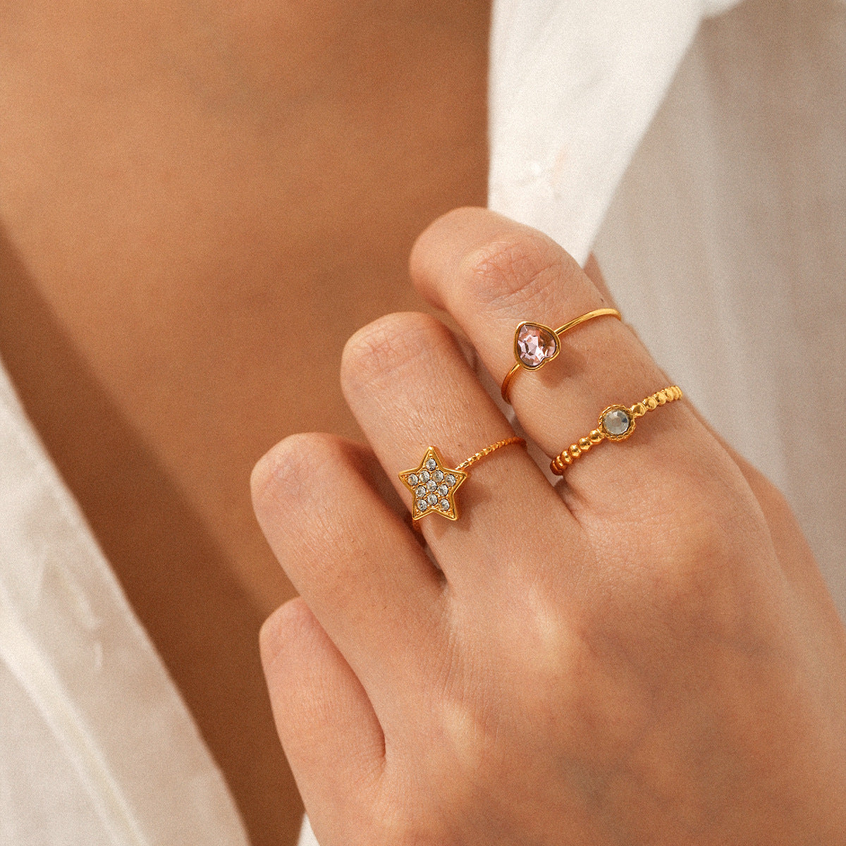 18k Gold Stainless Steel Heart Zircon Ring with Five-pointed Star Diamond-encrusted Open Ring