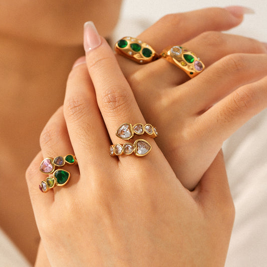 18k Gold Stainless Steel Ring Jewelry, Inlaid with Heart-shaped Zircon, Open-end Ring, Made of Titanium Steel, Non-fading Ring