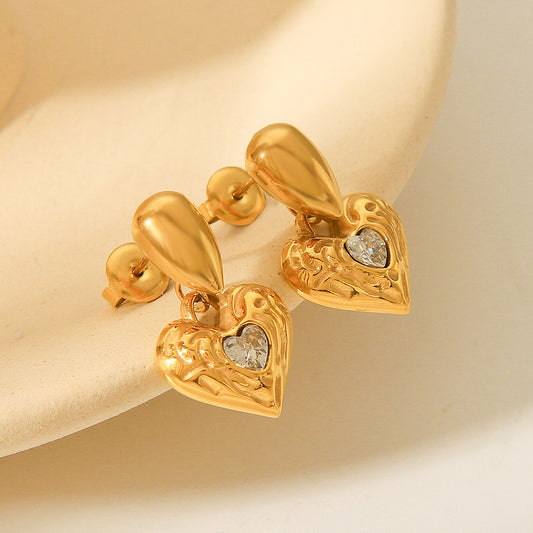 18k Gold Stainless Steel Teardrop-shaped Earrings Studded with Diamonds, Hammered Pattern, Heart-shaped Earrings, Fashionable and High-end Earrings