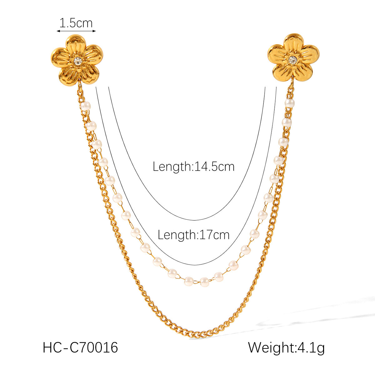 Square Stainless Steel Diamond-encrusted Shirt Collar Pin with Flower and Butterfly Brooch Chain Clothing Accessory