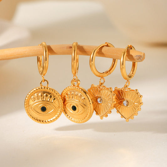 Stainless Steel Zircon Inlaid Heart-shaped Pendant Earrings Ins Fashion Personality Devil's Eye Titanium Steel Earrings