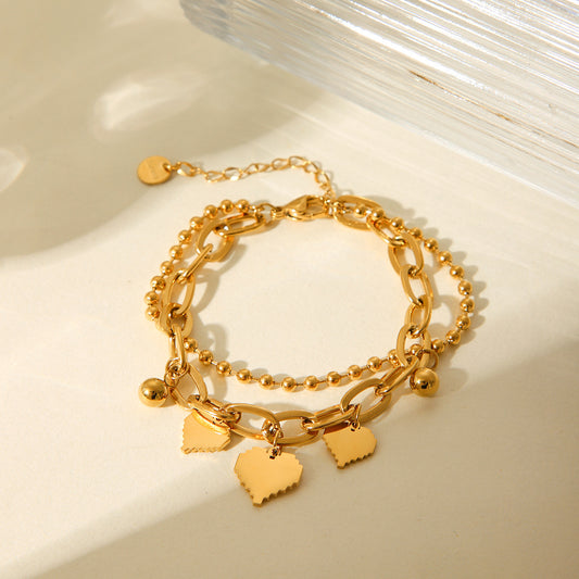 Love Gold Bean Pendant Double Layer Stacking Stainless Steel Bracelet Female Ins Indifferent Wind Round Bead Chain Jewelry
